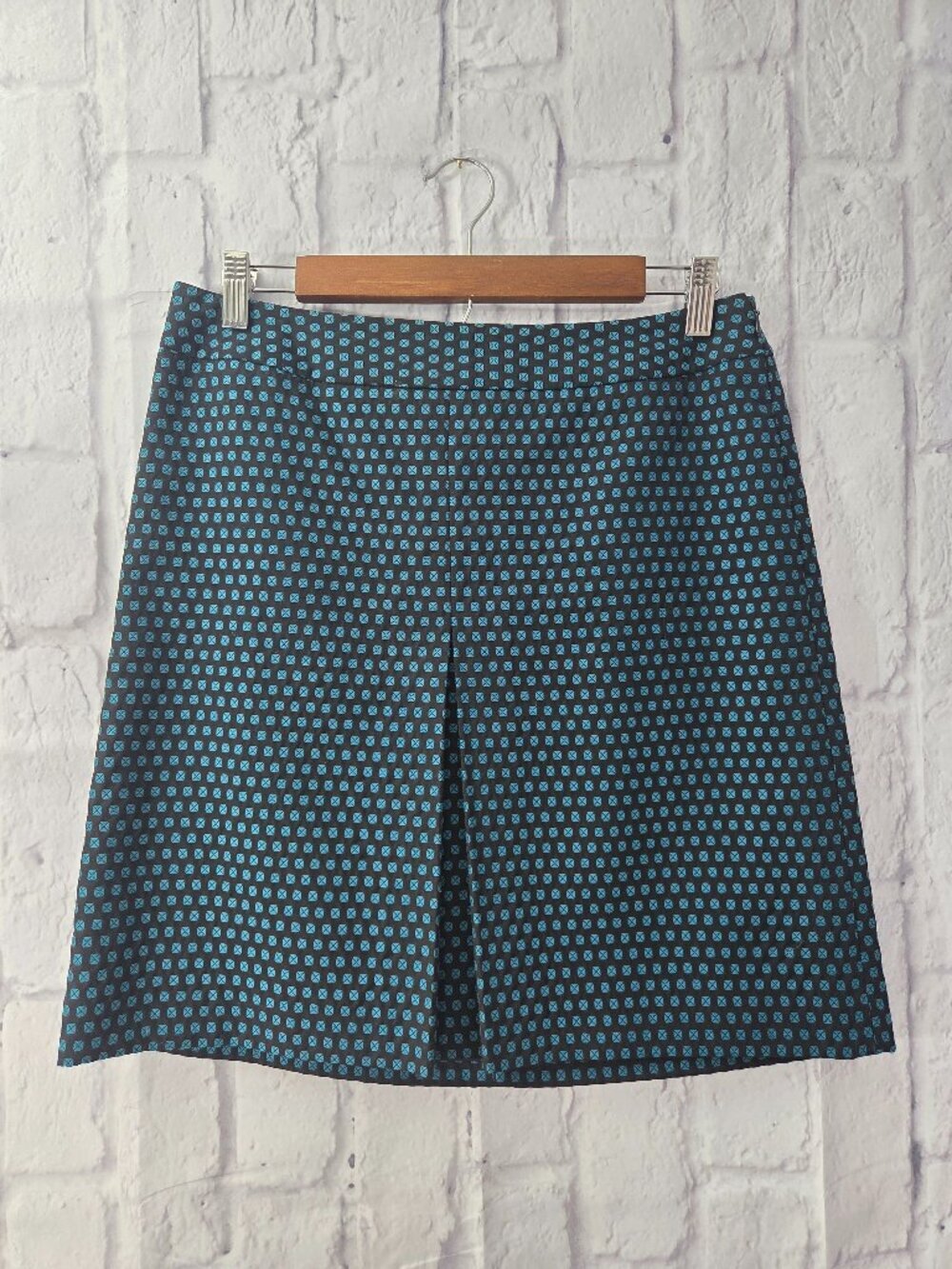 Ann Taylor Loft 6 Black Teal Geometric Pattern Front Pleat Office Casual Skirt